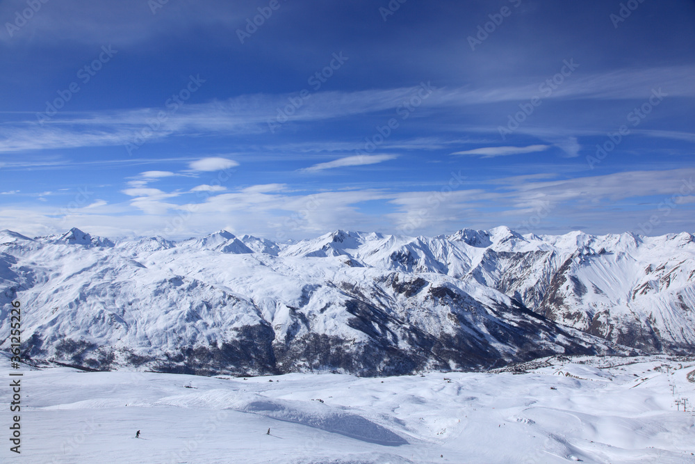 Panoramic view of the mountains of France on a winter sunny day. Haute Savoy, France. Snow Park. Panoramic view of the mountains of France on a winter sunny day. Haute Savoy, France. Snow Park.