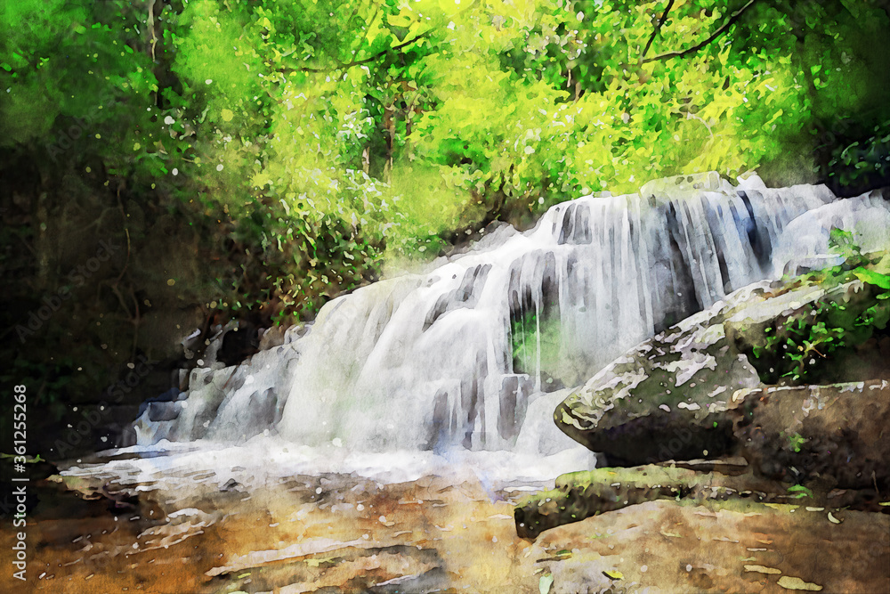 Abstract painting of waterfall, nature landscape image, digital watercolor illustration, art for background Abstract painting of waterfall, nature landscape image, digital watercolor illustration, art for background