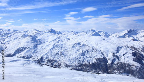 Panoramic view of the mountains of France on a winter sunny day. Haute Savoy, France. Snow Park. © as_trofey