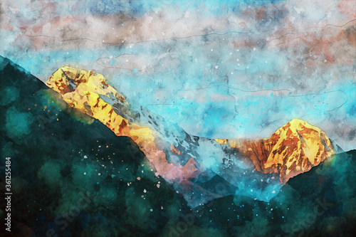 Abstract painting of mountains, nature landscape image, digital watercolor illustration, art for background.