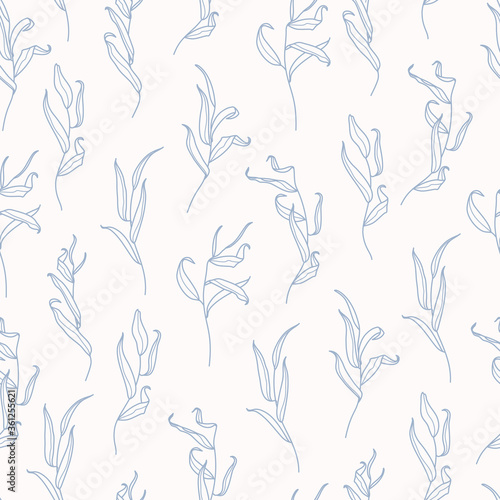 Willow Branch with Leaves Seamless Pattern in a Trendy Minimal Style. Outline of a Botanical Background. Vector Ornament