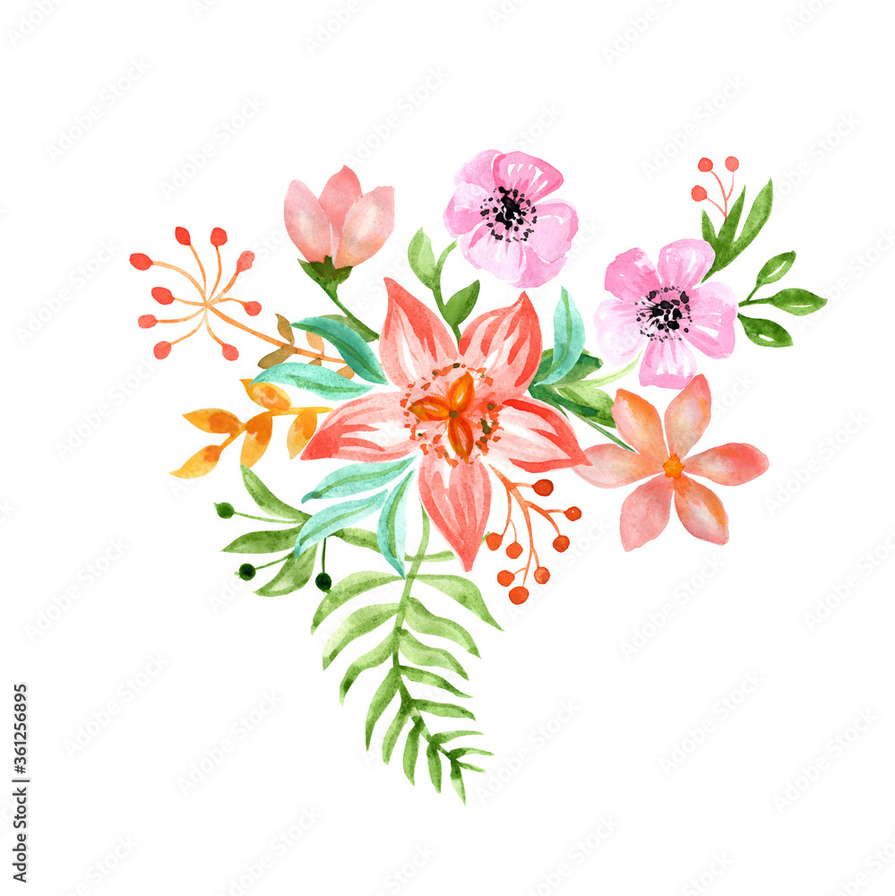 Small wedding bouquets of simple watercolor flowers, leaves, buds and twigs. happy birthday flowers. Elements are isolated and editable.