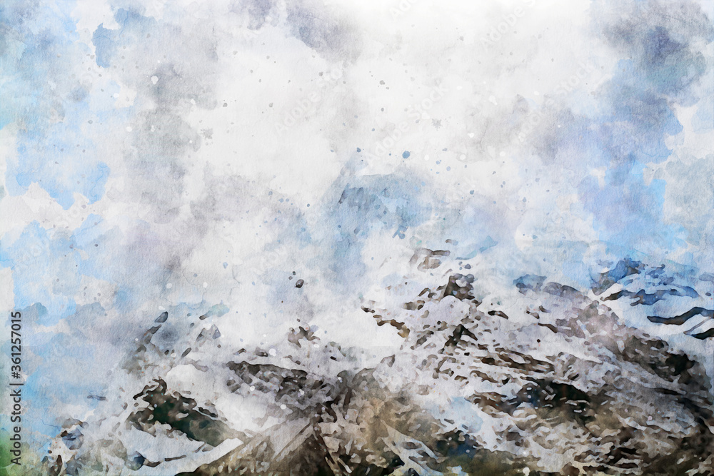 Abstract painting of mountains, nature landscape image, digital watercolor illustration, art for background