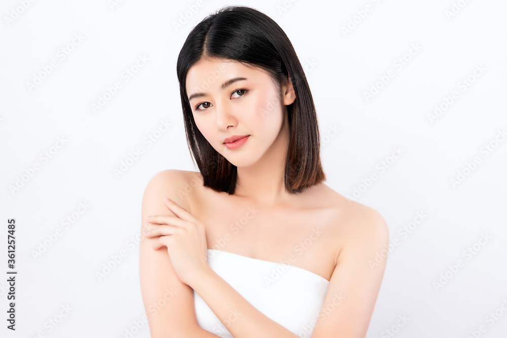 Beautiful Young Asian Woman touching her body with fresh Healthy Skin, isolated on white background, Beauty Cosmetics and Facial treatment Concept. Beautiful Young Asian Woman touching her body with fresh Healthy Skin, isolated on white background, Beauty Cosmetics and Facial treatment Concept.