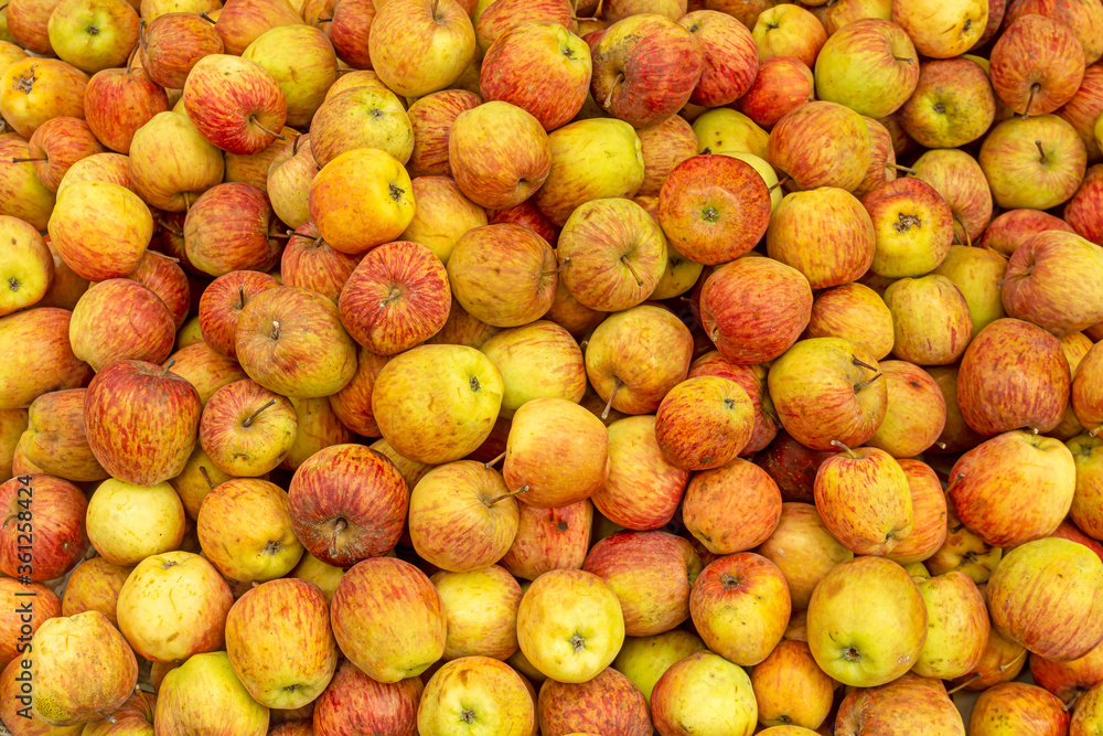 Heap of fresh ripe red-yellow apples for sale in market.