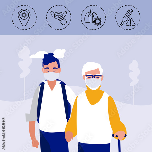 young man and old man with icons of coronavirus protection and symptoms
