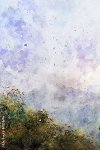 Nature in autumn landscape image, digital watercolor illustration, art for background © pomiti