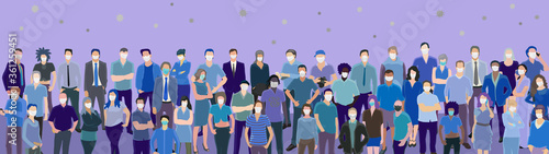 large horizontal web banner with crowd of people wearing masks