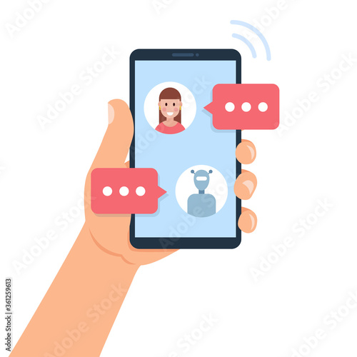 Chatbot concept. Woman chatting with chat bot on smartphone. Vector illustration.