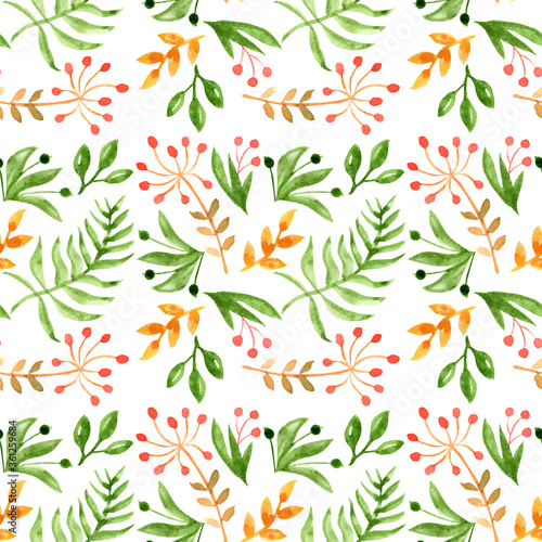 Seamless floral pattern with watercolor pattern of herbs  flowers and twigs isolated on a white background  art painting handmade.