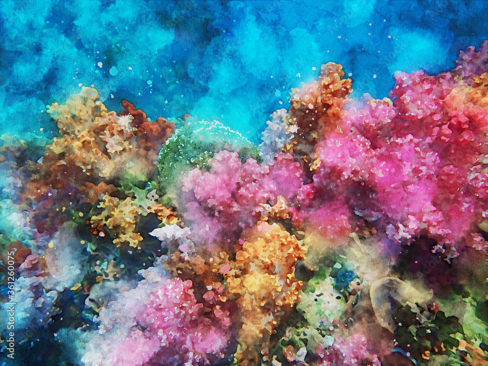 Abstract painting of marine life, underwater landscape image, colorful sea life, digital watercolor illustration