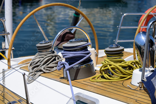 Winch with rope on the boat.