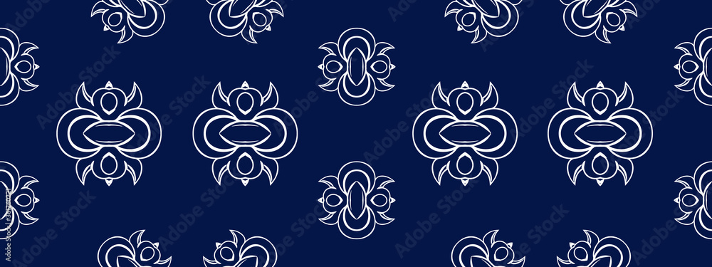 Vector elegan tile ornate seamless pattern. White ornament on luxury elegant blue background Retro hindu monochrome motif Vector elegan tile ornate seamless pattern. White ornament on luxury elegant blue background Retro hindu monochrome motif