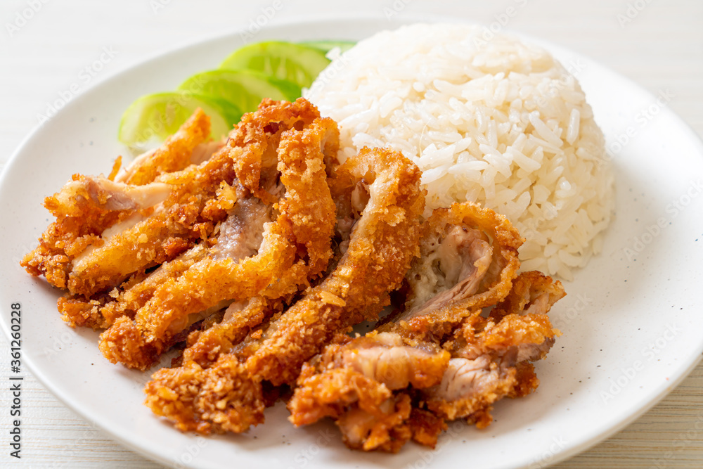 Hainanese chicken rice with fried chicken Hainanese chicken rice with fried chicken