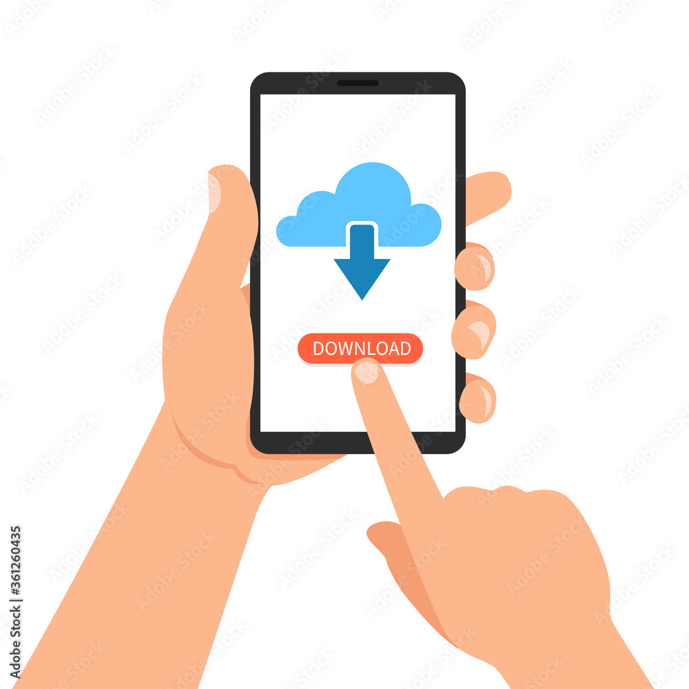 Hand holding smartphone with cloud and download button. Vector Illustration. Hand holding smartphone with cloud and download button. Vector Illustration.