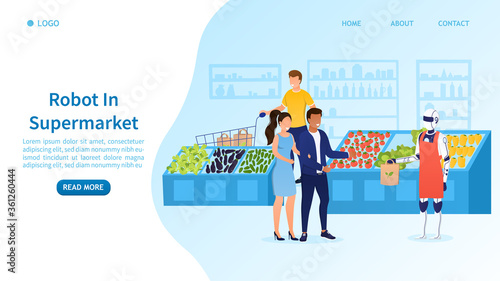 Young attractive couple in the supermarket buys groceries. Futuristic robot assistant in a supermarket. Robotic technologies in shopping industry. Modern technology. Flat Vector Illustration