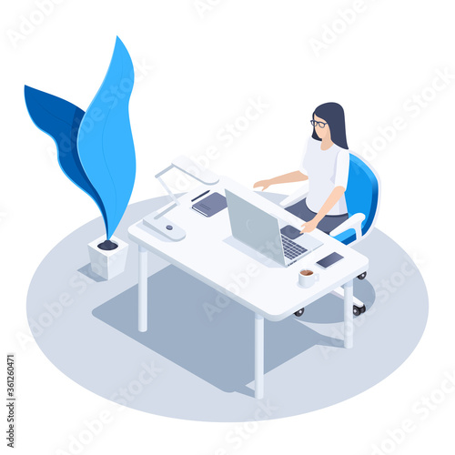 isometric vector image on a white background, a woman with glasses sitting at her desk, workplace