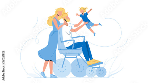 Father Man In Wheelchair Playing With Son Vector