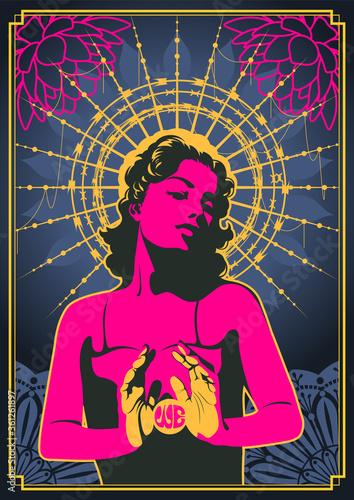 Woman in Love Psychedelic Art Style Poster, Floral Mandala Background, Barbed Wire Nimbus