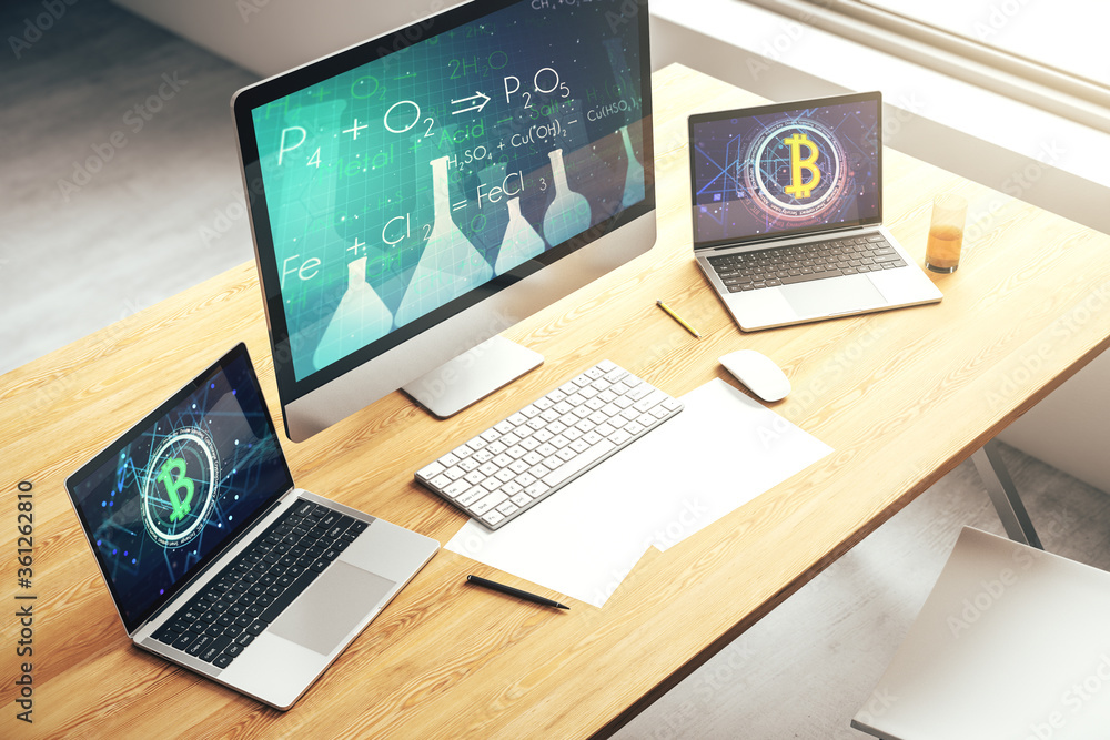 Creative chemistry concept on modern laptop screen. 3D Rendering Creative chemistry concept on modern laptop screen. 3D Rendering
