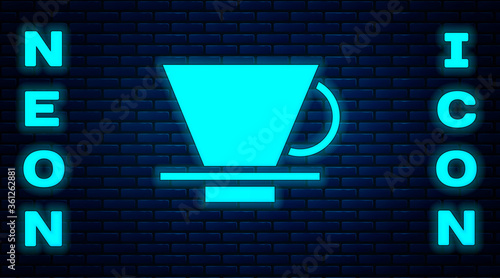 Glowing neon V60 coffee maker icon isolated on brick wall background. Vector Illustration.