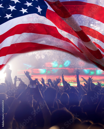 United States flag - crowd celebrating 4th of July Independence Day.