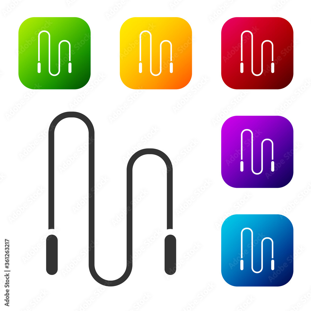 Black Jump rope icon isolated on white background. Skipping rope. Sport equipment. Set icons in color square buttons. Vector Illustration. Black Jump rope icon isolated on white background. Skipping rope. Sport equipment. Set icons in color square buttons. Vector Illustration.