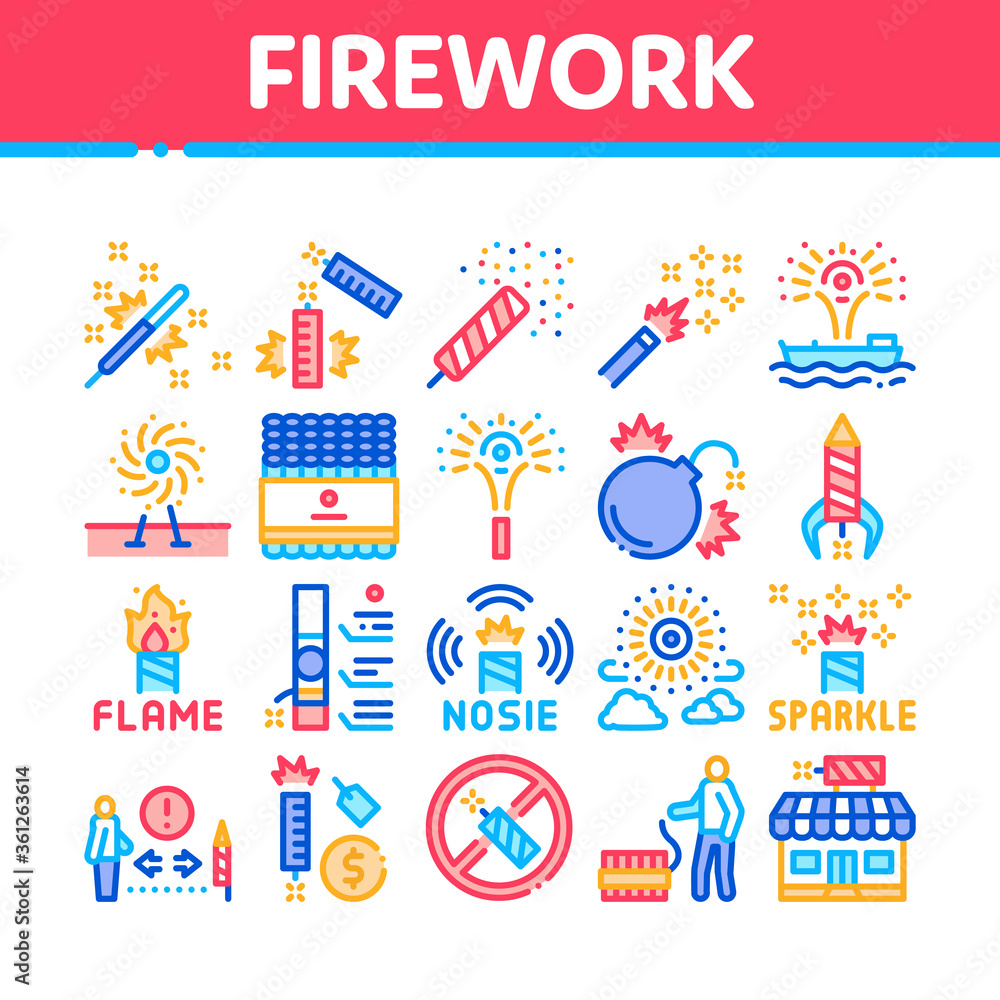 Firework Pyrotechnic Collection Icons Set Vector. Flash rocket And Salute, Christmas Explosive Firework And Festival Lights, Concept Linear Pictograms. Color Illustrations