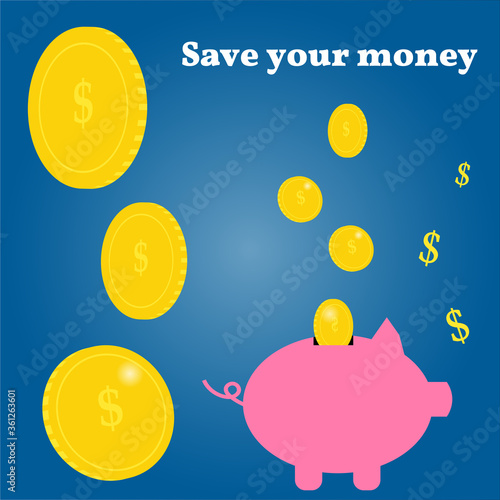 Pig piggy bank and gold coins. Saving money
