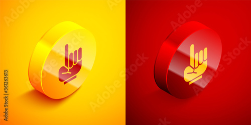 Isometric Number 1 one fan hand glove with finger raised icon isolated on orange and red background. Symbol of team support in competitions. Circle button. Vector Illustration.