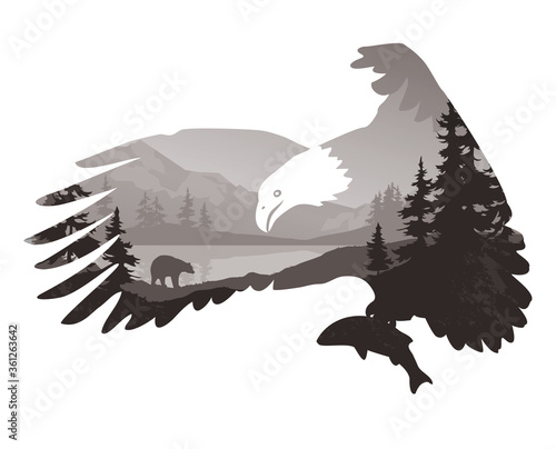silhouette of a bald eagle, inside a mountain landscape with a bear. Isolated object, vector illustration.