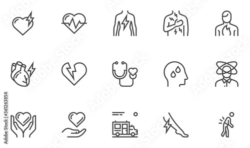 Heart Attack Vector Line Icons. Heart Disease, Symptoms, Cardiology. Editable Stroke. 24x24, 48x48, 96x96 Pixel Perfect.