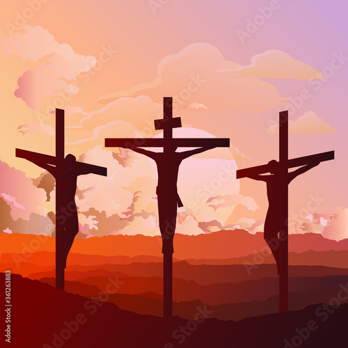 Silhouetted depiction of the crucifixion of Christ and two thieves collectively referred to as the Passion set against a dawn sky background
