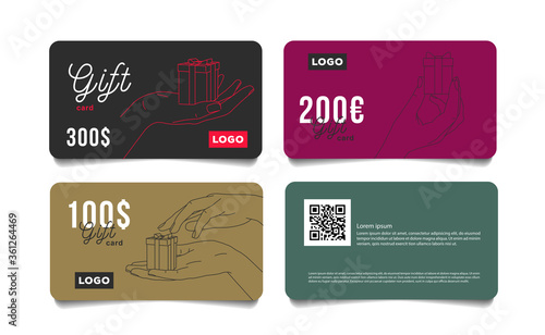 Set of gift cards vouchers with hand giving a small present box in dofferent positions, premium segment template voucher layut for jewelry store