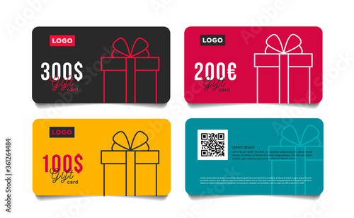 Set of gift cards vouchers with monetary reward in dollars with simple linear gift box illustration, front and back isolated templates with qr code place
