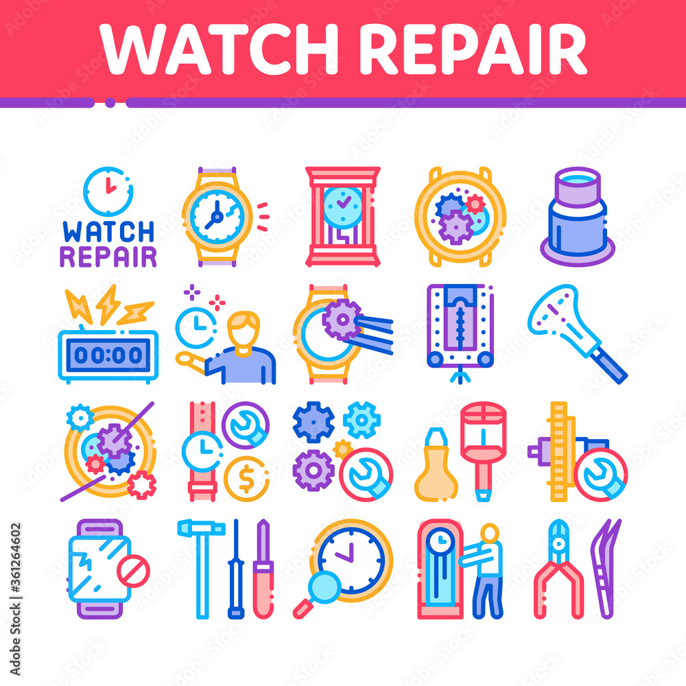 Watch Repair Service Collection Icons Set Vector. Watch Change Display Glass And Mechanical Gear, Instrument And Magnifier Concept Linear Pictograms. Color Illustrations