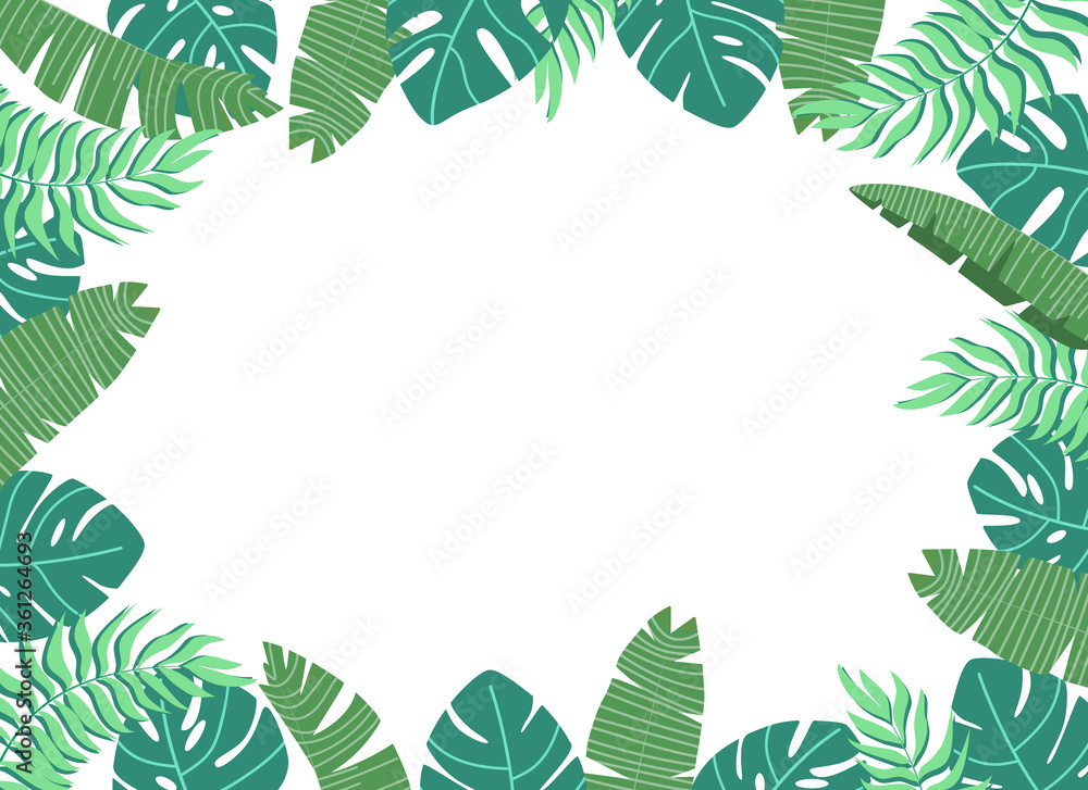 Frame with tropical leaves. Summer background, space for text. Flat vector illustration. Frame with tropical leaves. Summer background, space for text. Flat vector illustration.