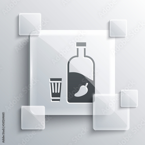 Grey Vodka with pepper and glass icon isolated on grey background. Ukrainian national alcohol. Square glass panels. Vector Illustration.