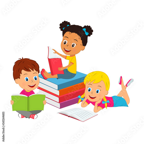cartoon kids,boy and girls read books, illustration, vector