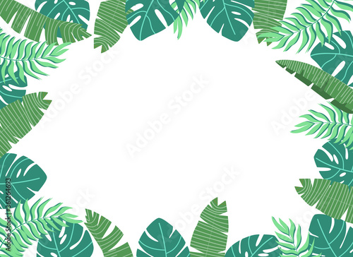 Frame with tropical leaves. Summer background  space for text. Flat vector illustration.