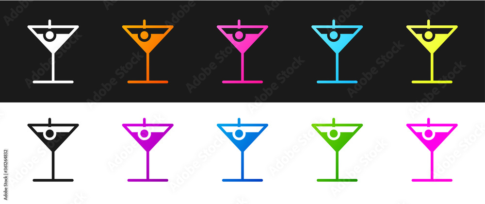 Set Martini glass icon isolated on black and white background. Cocktail icon. Wine glass icon. Vector Illustration. Set Martini glass icon isolated on black and white background. Cocktail icon. Wine glass icon. Vector Illustration.