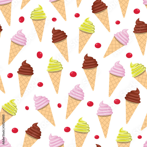 Vector ice cream cones with cherry seamless pattern background on white surface