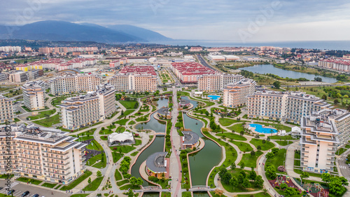 Sochi Park Hotel. Residential area of the city. Sirius. Aerial photo. South of Russia. The Black Sea coast. View from above.