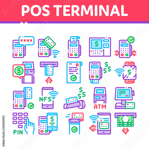 Pos Terminal Device Collection Icons Set Vector. Bank Terminal And Atm, Smartphone Nfc Pay System Application And Watch Pin Code And Money Concept Linear Pictograms. Color Illustrations