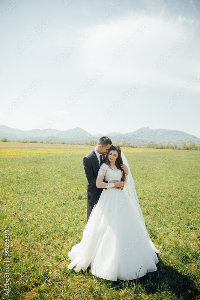 Bride and Groom at wedding Day walking Outdoors on summer green nature. Bridal couple, Happy Newlywed woman and man embracing and kissing in green park. Loving wedding couple outdoor. Bride and groom