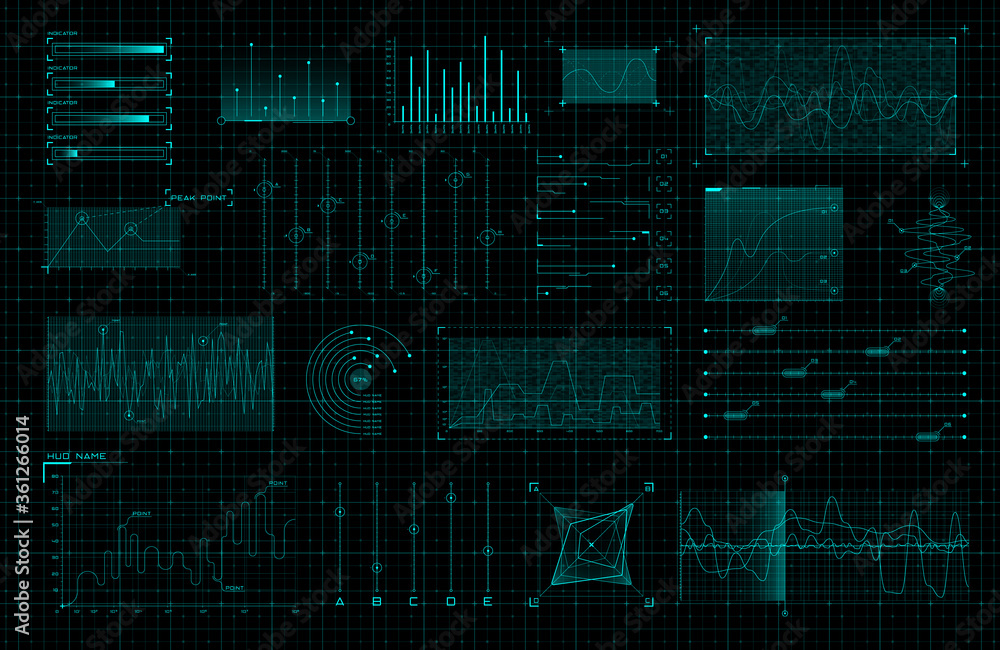 Set of HUD infographic elements. Sci-fi charts and diagrams for futuristic user interface and GUI. Big data analytics theme. FUI virtual graphics. Editable stroke. Vector