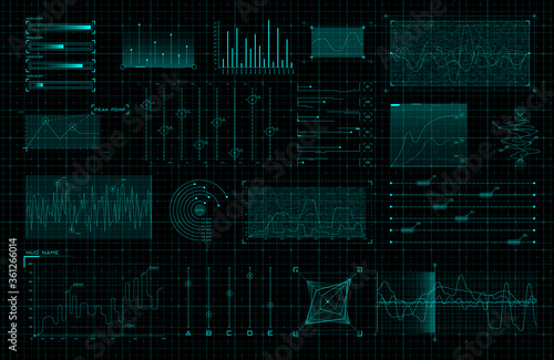 Obraz na płótnie Set of HUD infographic elements. Sci-fi charts and diagrams for futuristic user interface and GUI. Big data analytics theme. FUI virtual graphics. Editable stroke. Vector w salonie