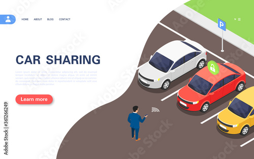 Car sharing concept banner. A man using the application selects a car in the parking lot for rent.