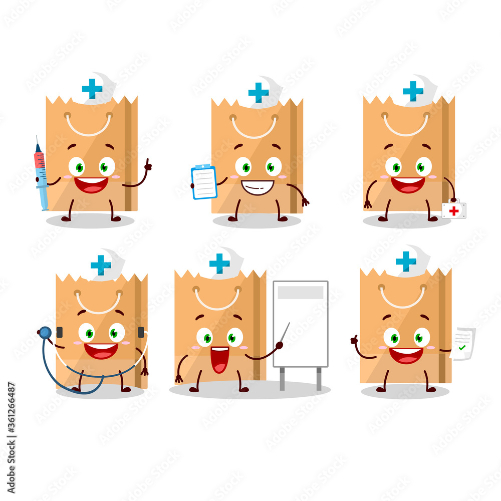 Doctor profession emoticon with grocery bag cartoon character Doctor profession emoticon with grocery bag cartoon character