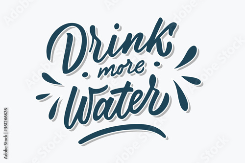 Drink more water hand drawn brush lettering phrase. Blue shaded letters on white background. Motivational qoute for invitation, poster, postcard, banner, social media advertising, stickers and cloth